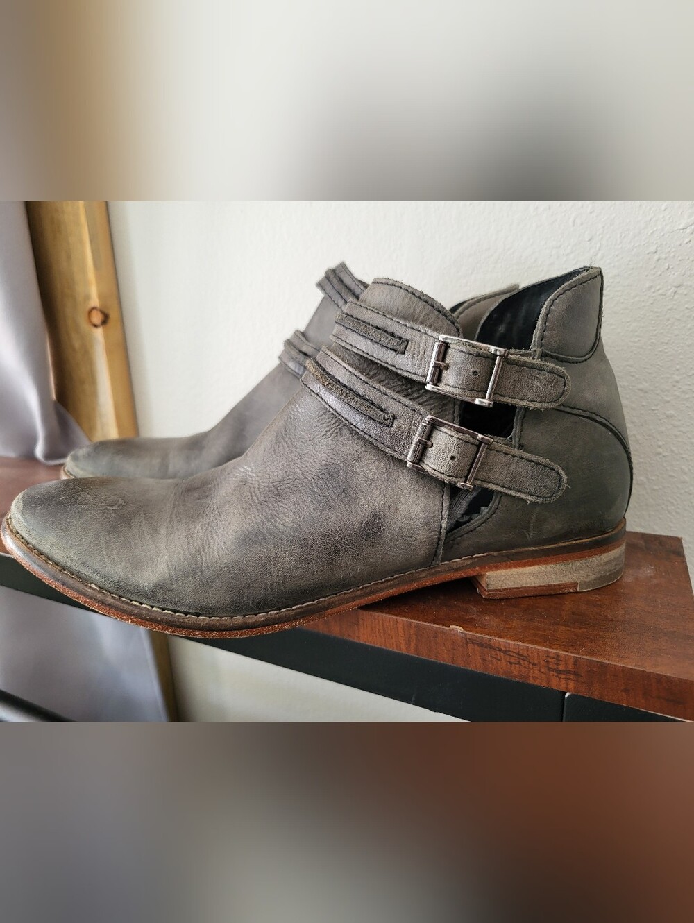 Free People Braeburn Gray Leather Double-Buckle Ankle Boots